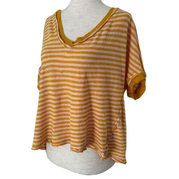 Free People We The Free Striped Take Me Tee Linen Blend Sz Small Boho Oversized - Picture 2 of 9